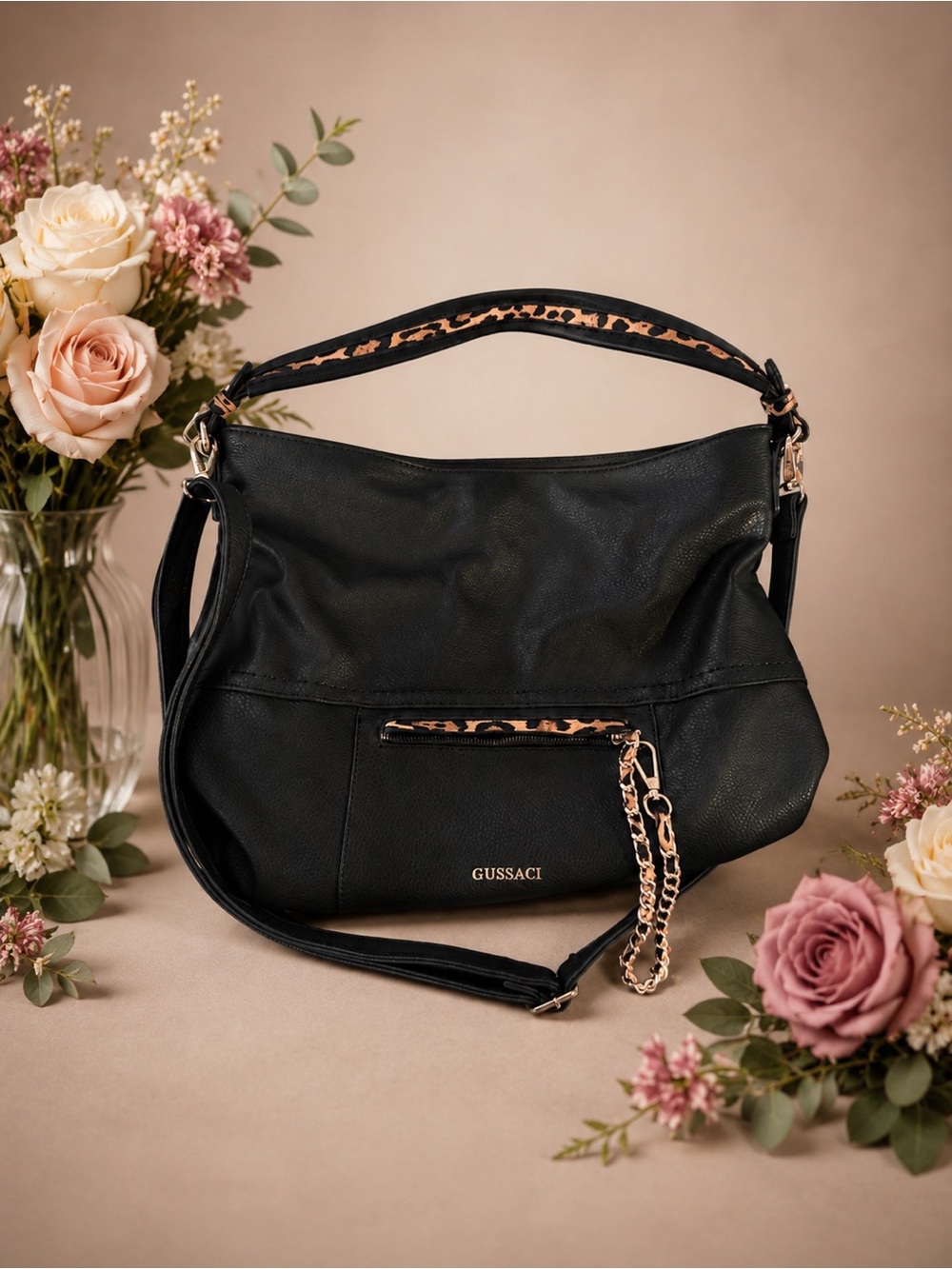 Gussaci Black Shoulder Bag with Leopard Trim